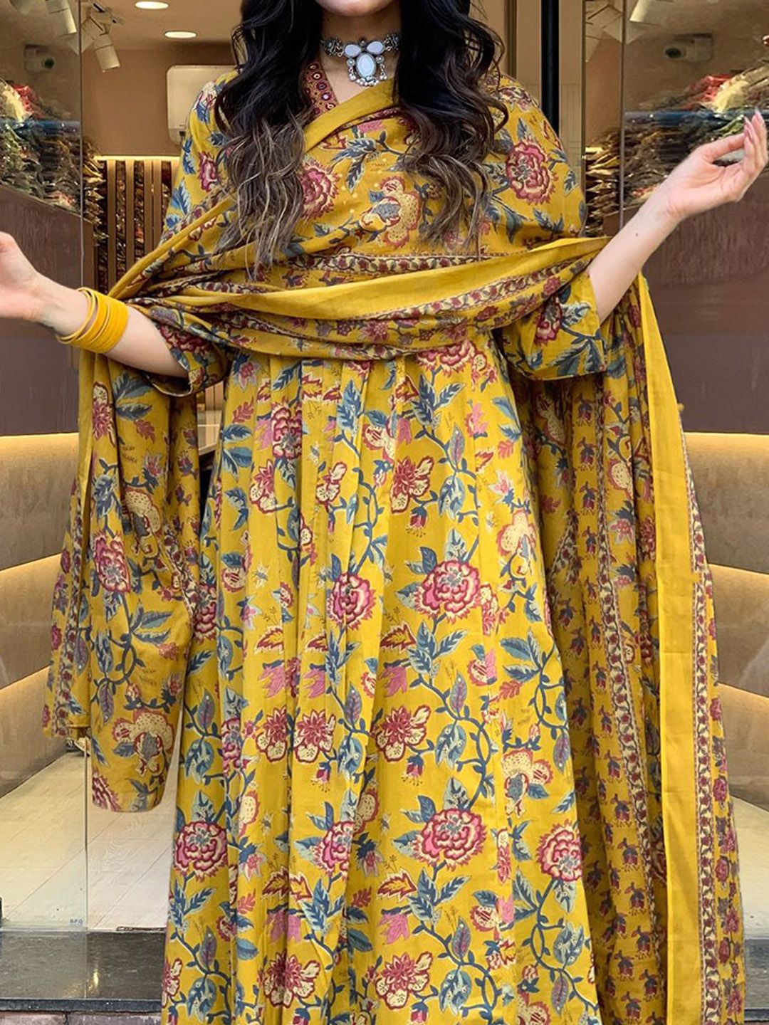 Dhiyona KL Floral Printed V Neck Mirror Work Anarkali Kurta With Trousers & Dupatta