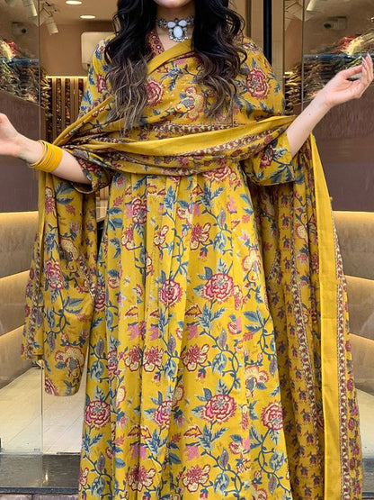 Dhiyona KL Floral Printed V Neck Mirror Work Anarkali Kurta With Trousers & Dupatta