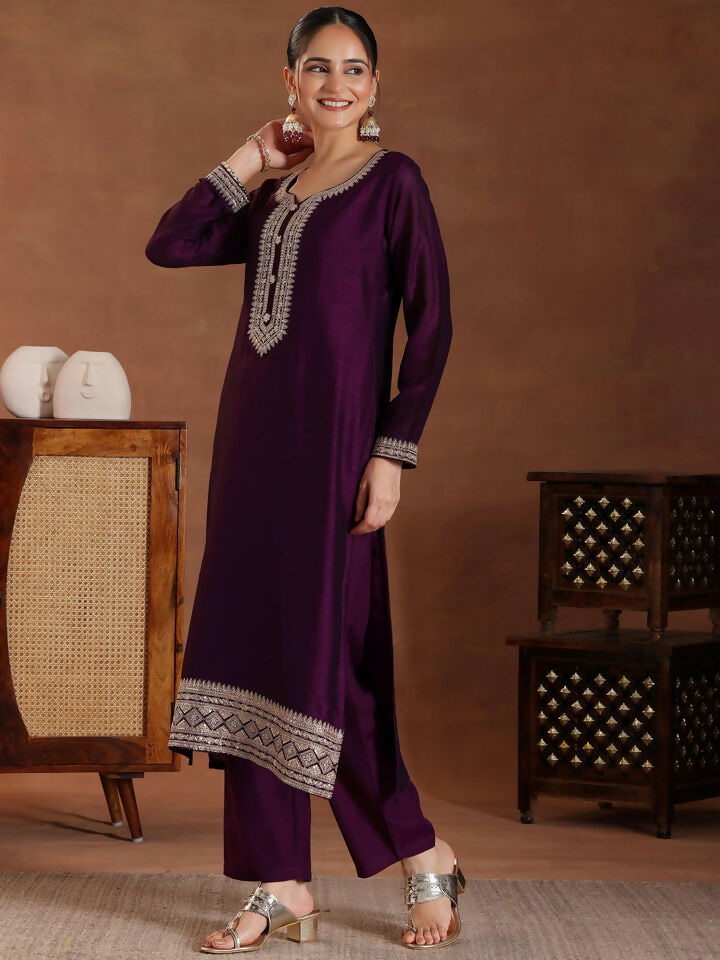 Women's LB Wine Embroidered Silk Blend Straight Suit With Dupatta