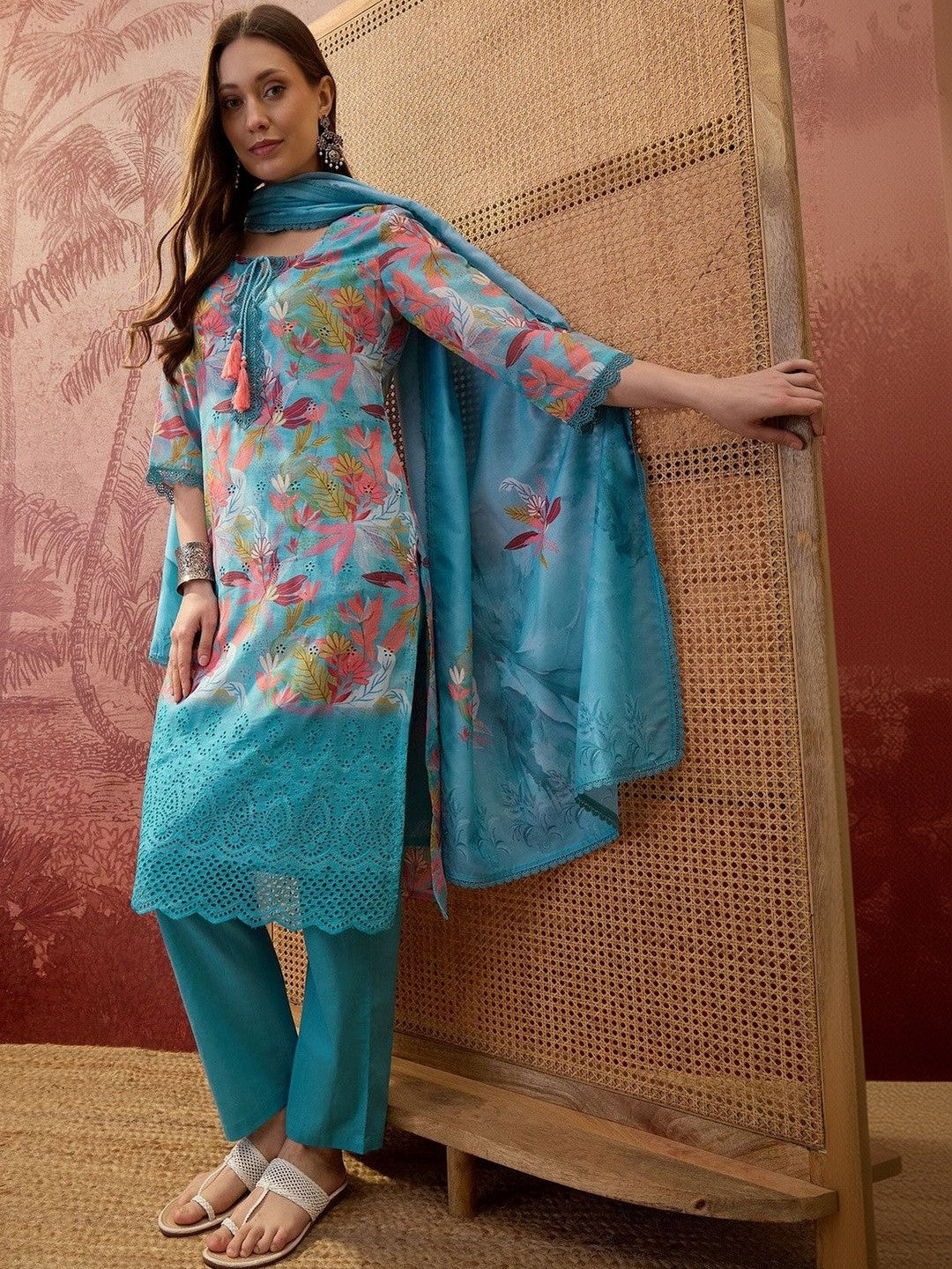 Dhiyona SN Floral Printed Round Neck Lace Hem Kurta & Trousers With Dupatta