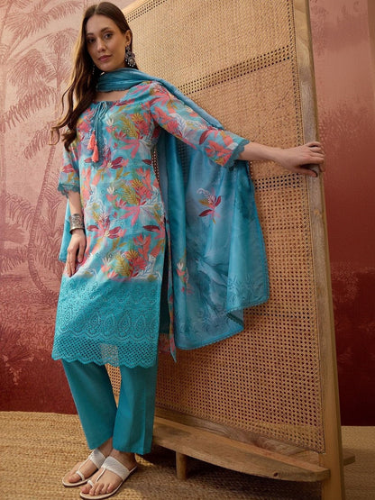 Floral Printed Round Neck Lace Hem Kurta & Trousers With Dupatta