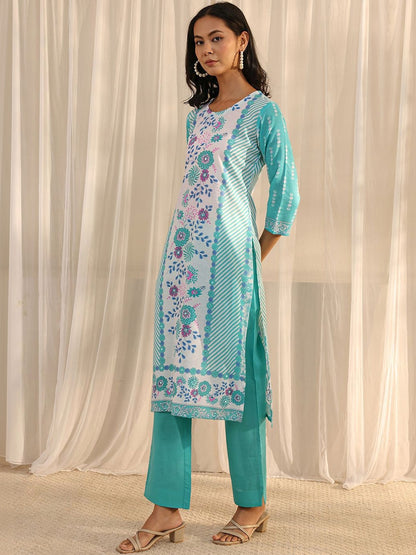 Libas Blue Floral Printed Straight Suit Set with Dupatta