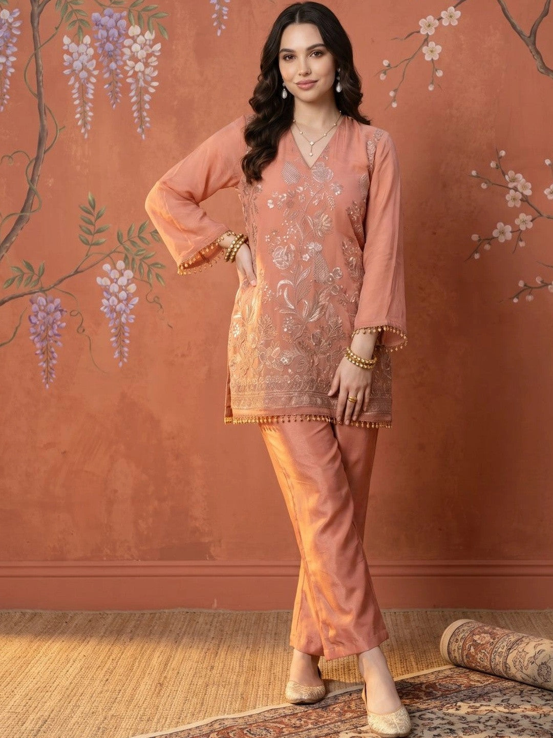 Women Floral Embroidered Regular Sequinned Kurta with Trousers