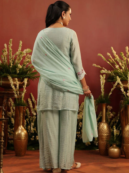 Dhiyona SC Women Embroidered Sea Green Mul Chanderi Embroidered Sharara Set