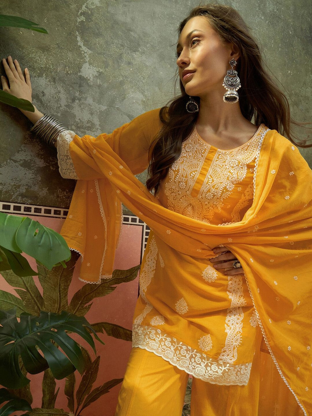 Embroidered Round Neck Kurta & Palazzos With Dupatta