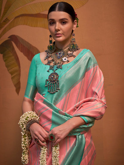 Women's Silk Blend Light Blue Woven Design Designer Saree With Blouse Piece