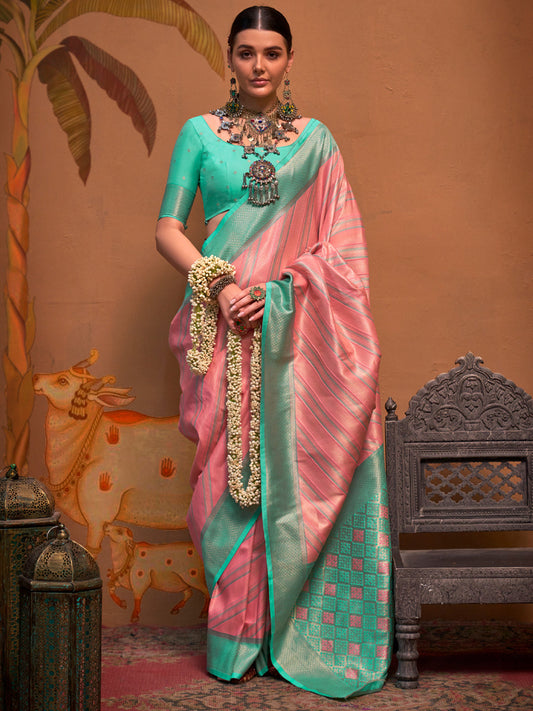 Women's Silk Blend Light Blue Woven Design Designer Saree With Blouse Piece