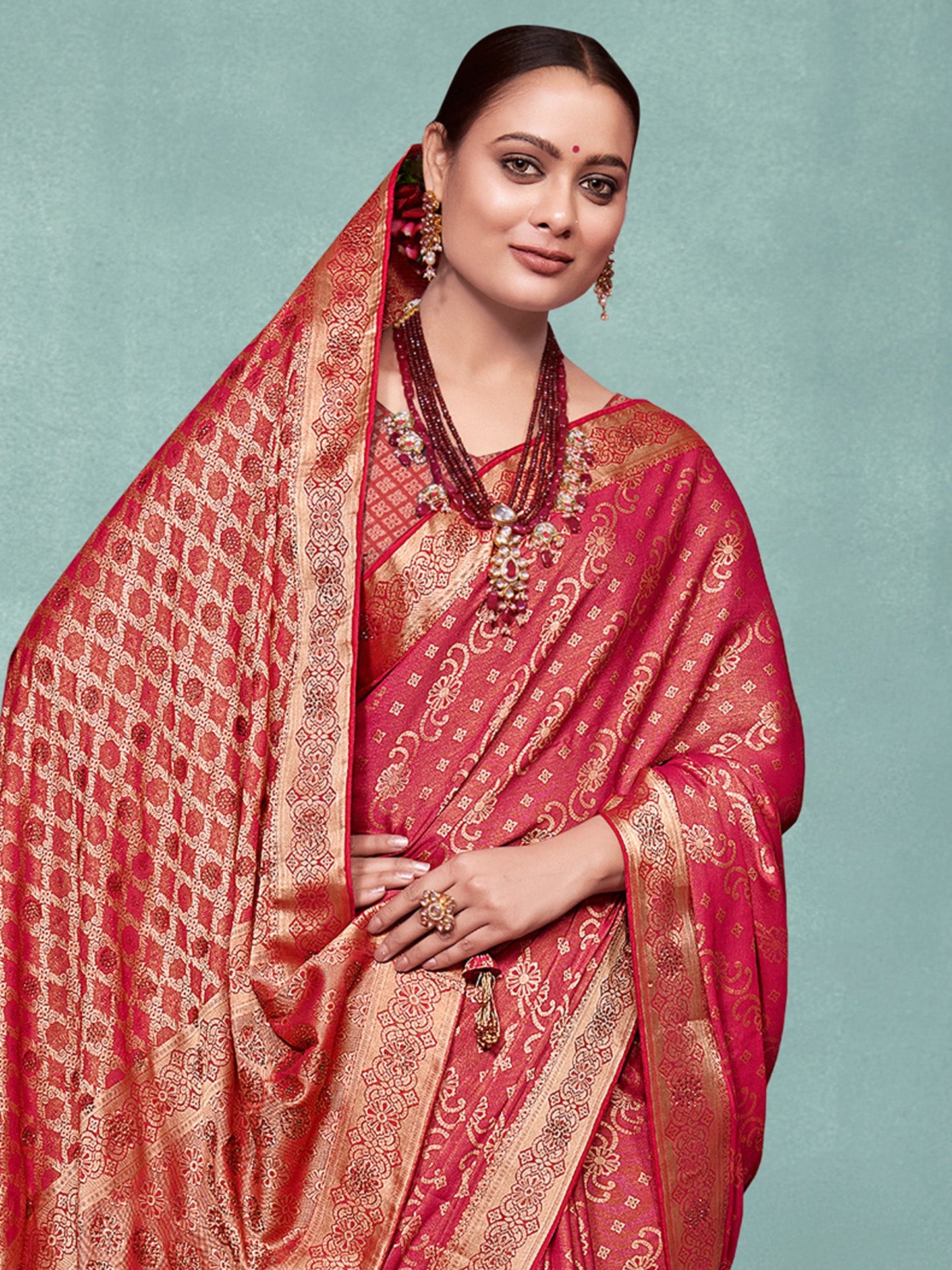 Women's Pure Silk Red Woven Design Designer Saree With Blouse Piece