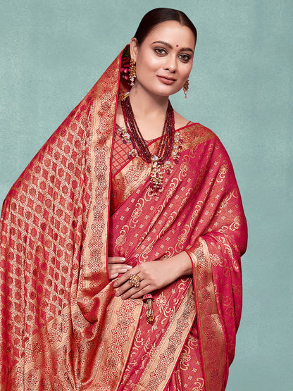 Women's Pure Silk Red Woven Design Designer Saree With Blouse Piece