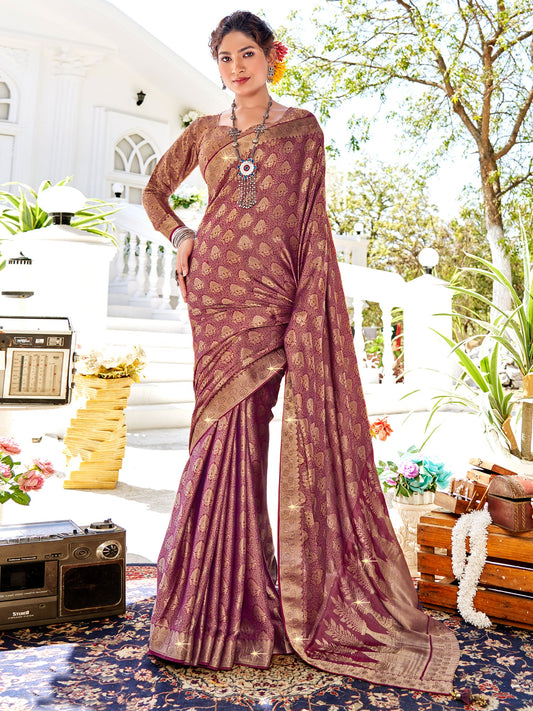 Women's Pure Silk Burgundy Woven Design Designer Saree With Blouse Piece