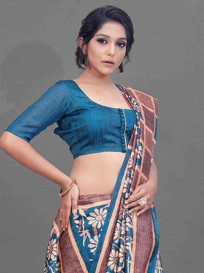 Women's Manipuri Silk Blue Digital Print Designer Saree With Blouse Piece