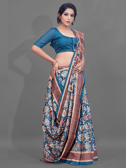 Women's Manipuri Silk Blue Digital Print Designer Saree With Blouse Piece