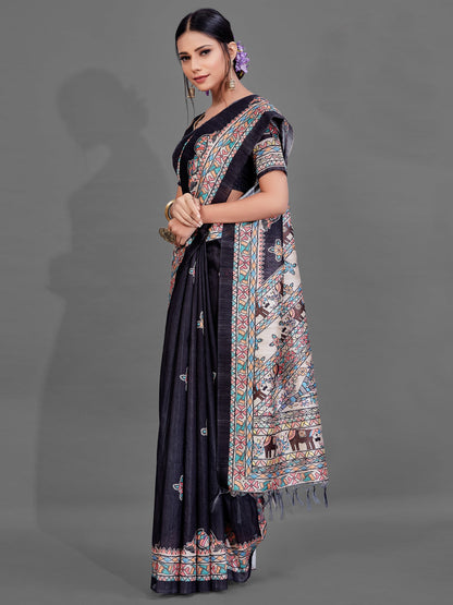 Women's Manipuri Silk Black Digital Print Designer Saree With Blouse Piece