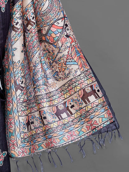 Women's Manipuri Silk Black Digital Print Designer Saree With Blouse Piece