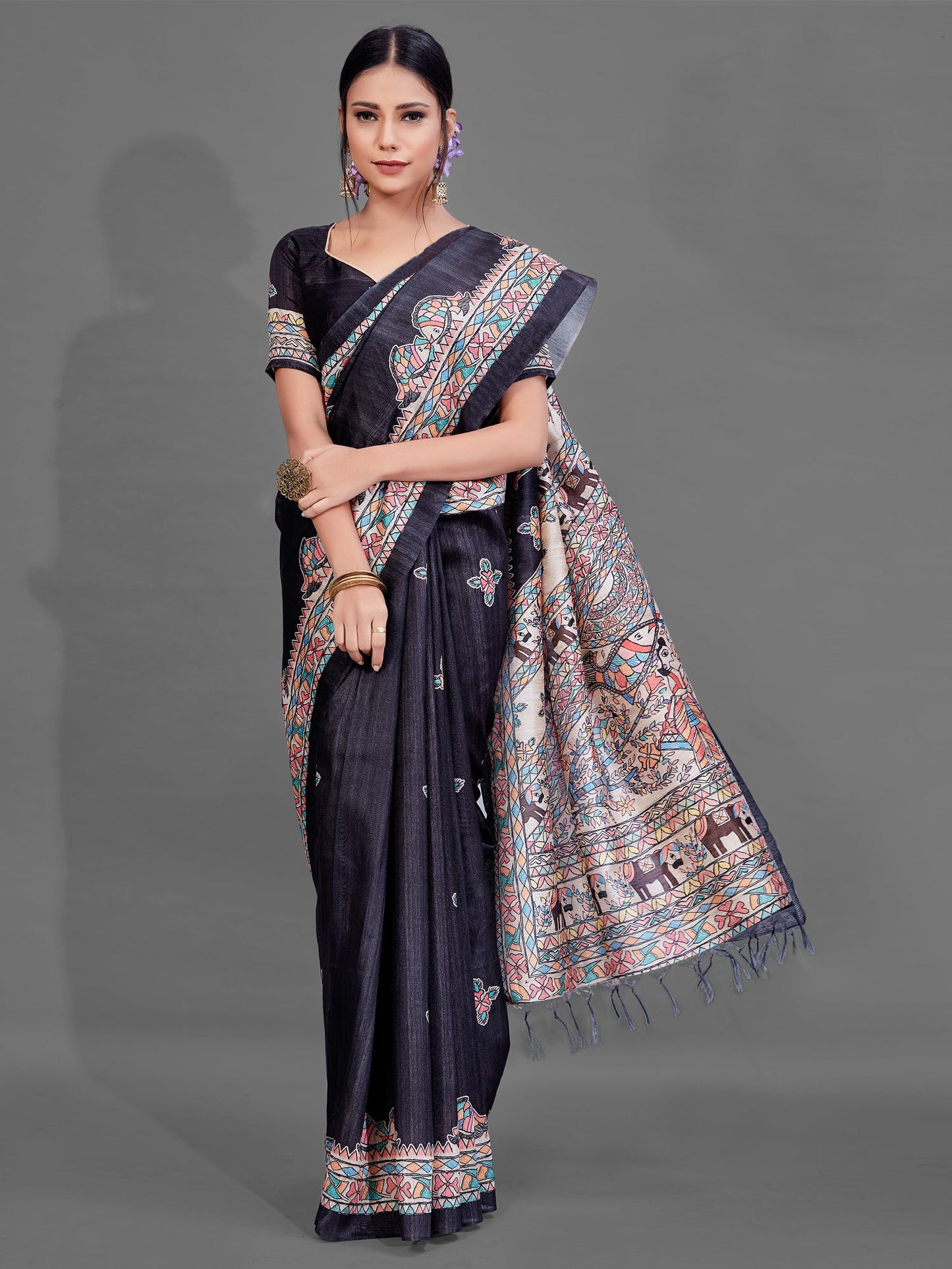 Women's Manipuri Silk Black Digital Print Designer Saree With Blouse Piece