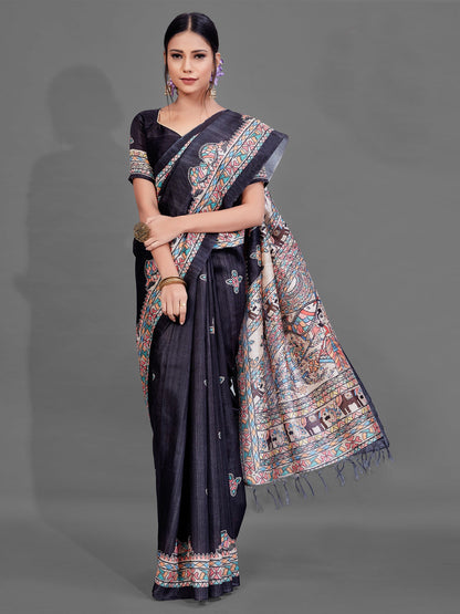 Women's Manipuri Silk Black Digital Print Designer Saree With Blouse Piece