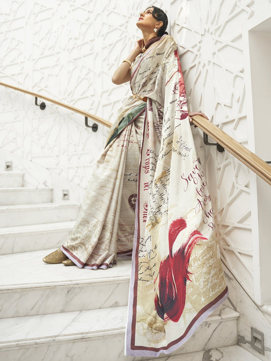 Women's Crepe Cream Digital Print Celebrity Saree With Blouse Piece