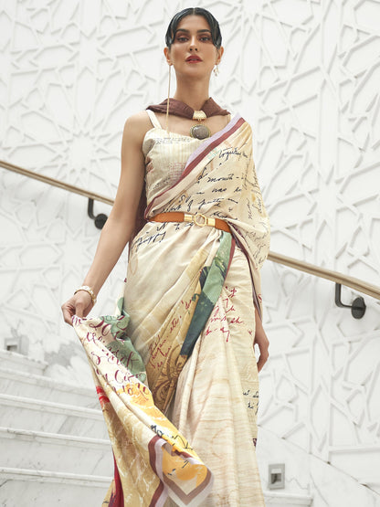 Women's Crepe Cream Digital Print Celebrity Saree With Blouse Piece