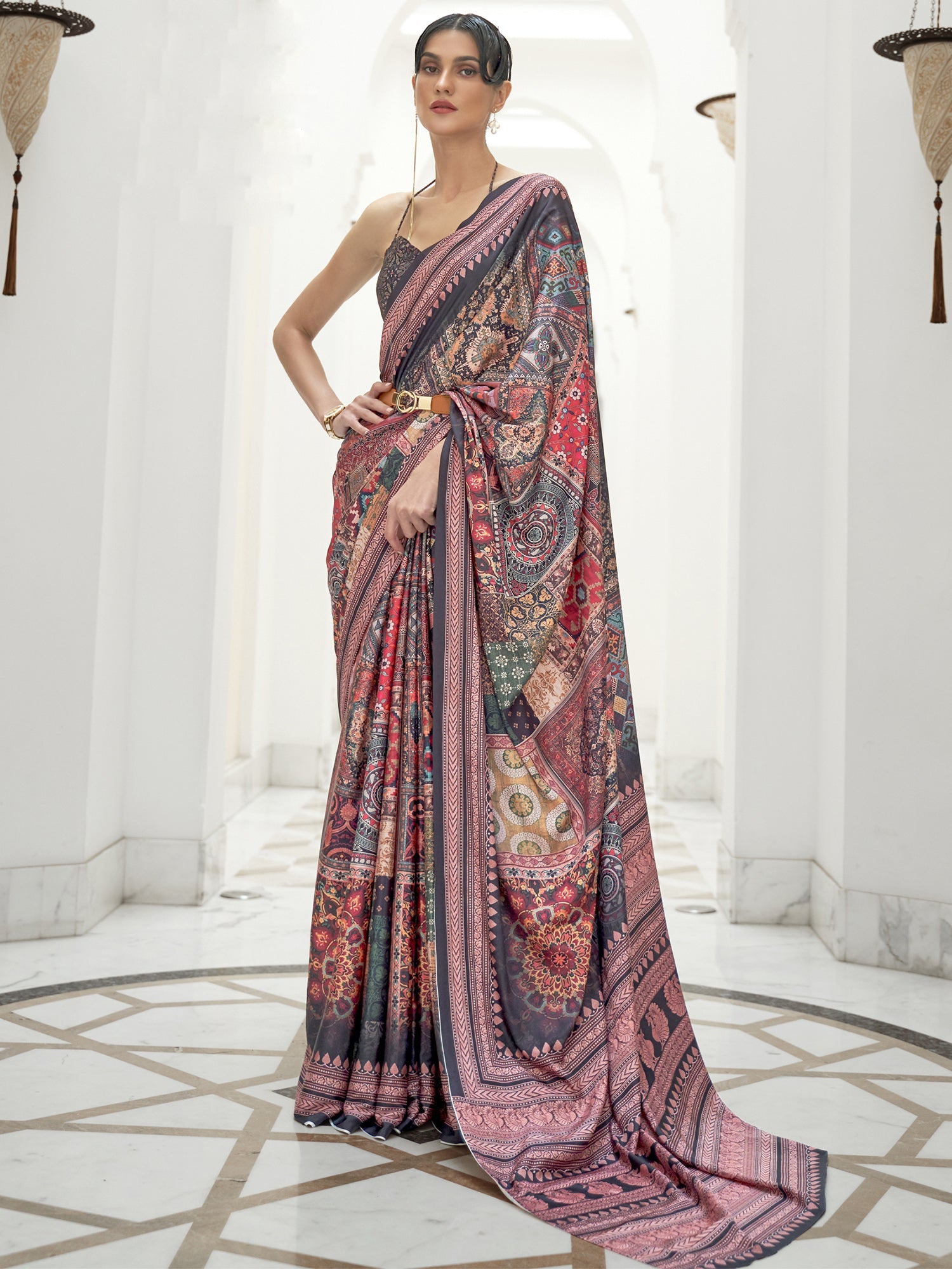 Women's Crepe Multicolored Digital Print Celebrity Saree With Blouse Piece