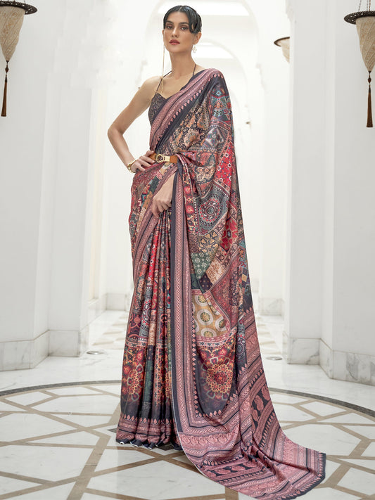 Women's Crepe Multicolored Digital Print Celebrity Saree With Blouse Piece