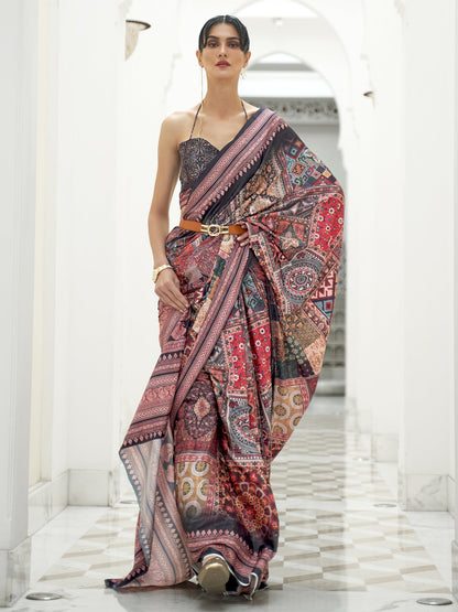 Women's Crepe Multicolored Digital Print Celebrity Saree With Blouse Piece
