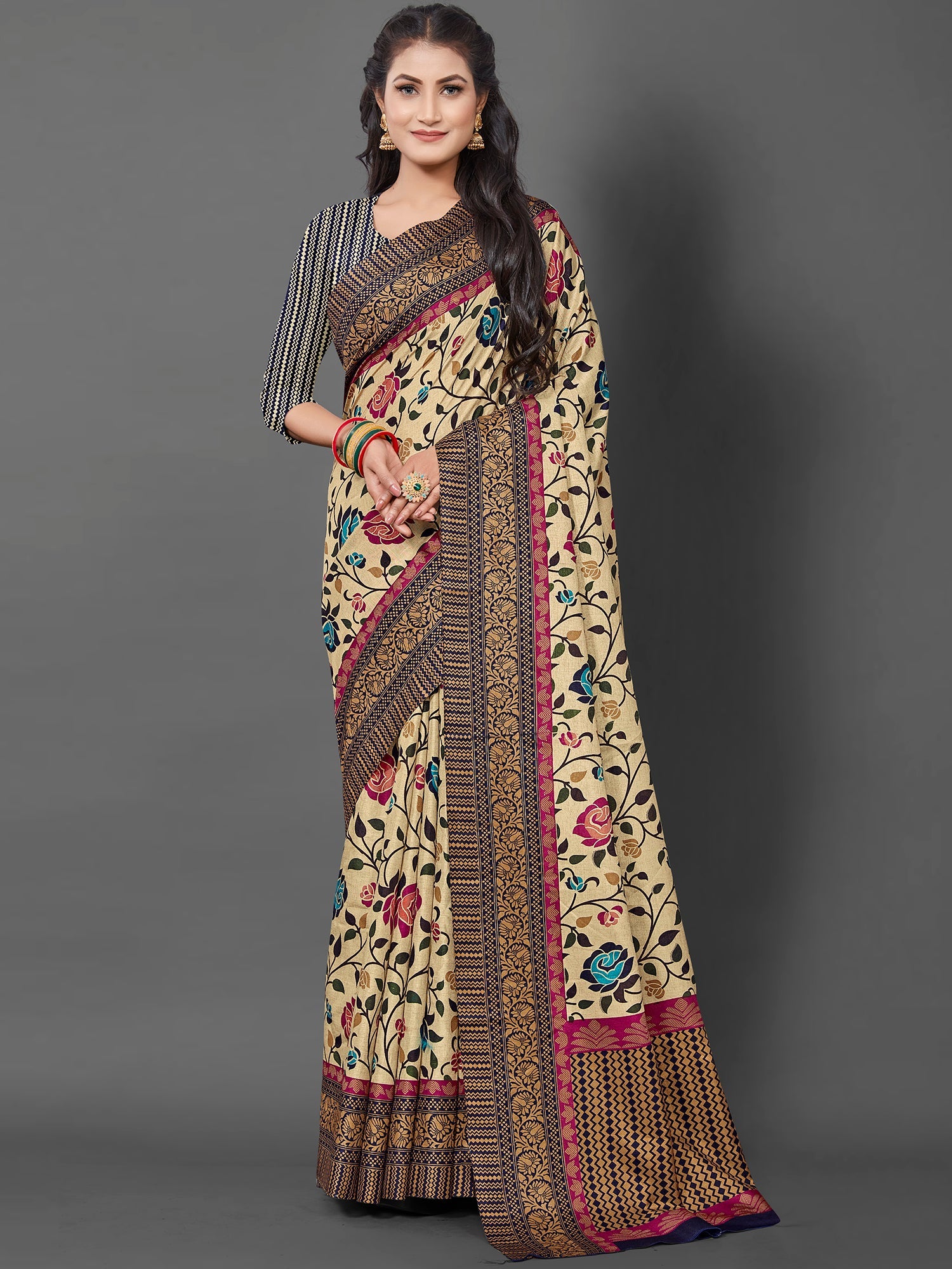 Women's Manipuri Silk Cream Printed Designer Saree With Blouse Piece
