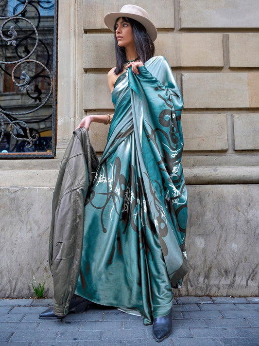 Women's Satin Blue Printed Designer Saree With Blouse Piece