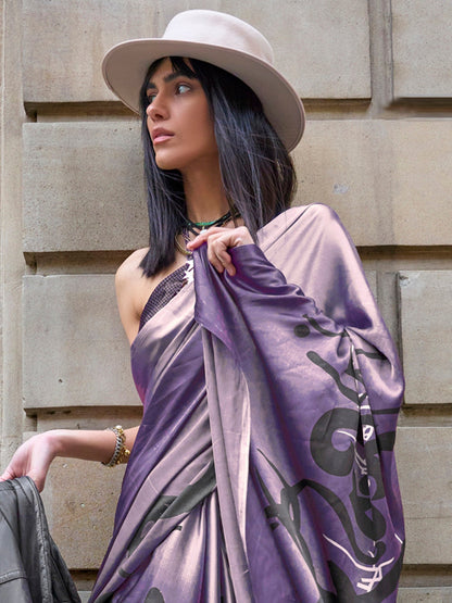 Women's Satin Purple Printed Designer Saree With Blouse Piece
