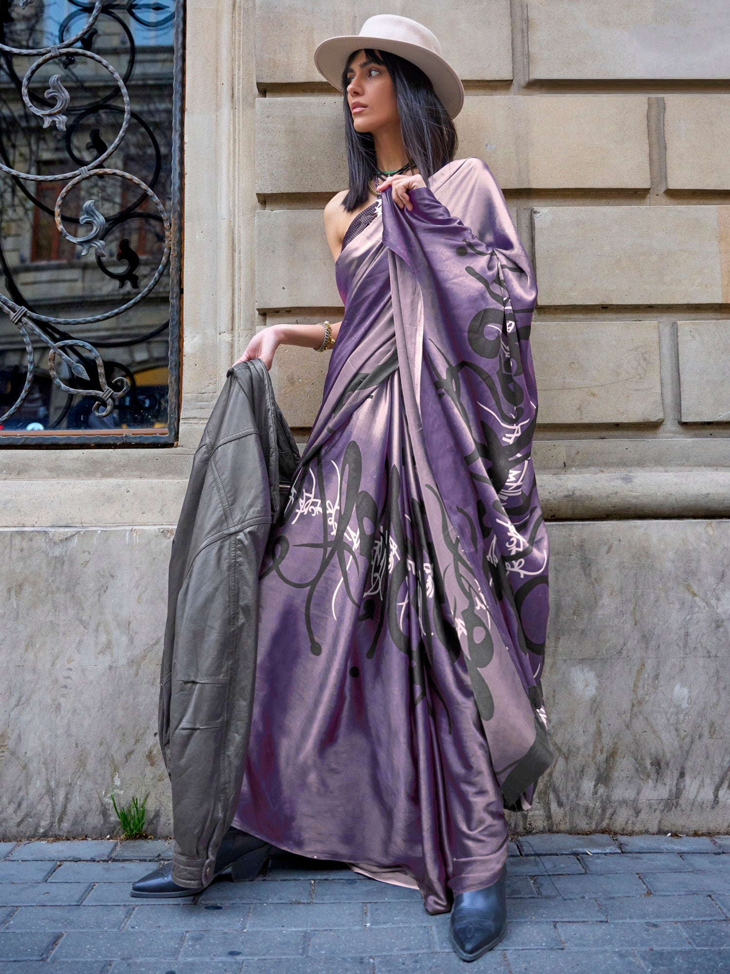 Women's Satin Purple Printed Designer Saree With Blouse Piece