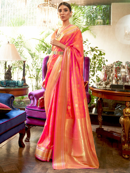 Women's Silk Blend Peach Woven Design Handloom Saree With Blouse Piece