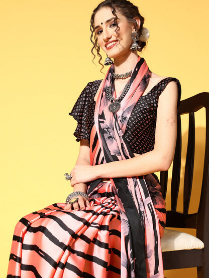 Women's Crepe Pink Printed Celebrity Saree With Blouse Piece