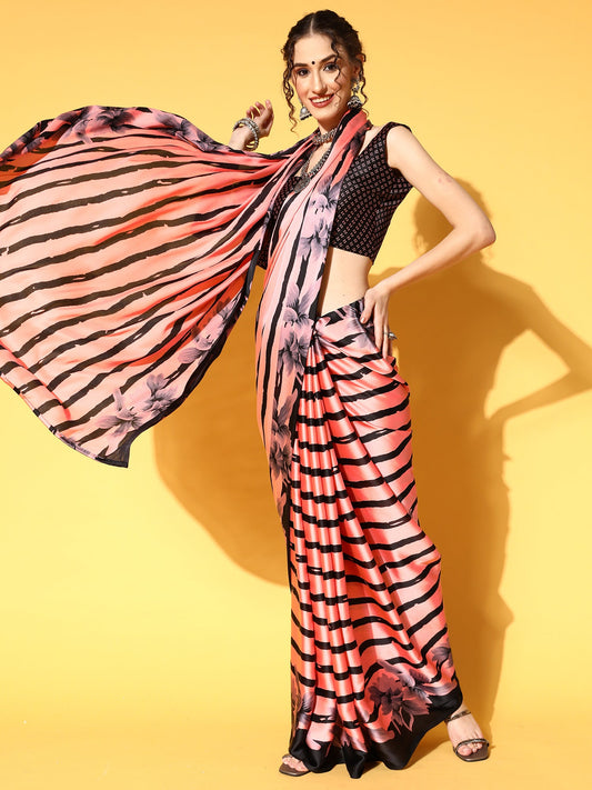 Women's Crepe Pink Printed Celebrity Saree With Blouse Piece