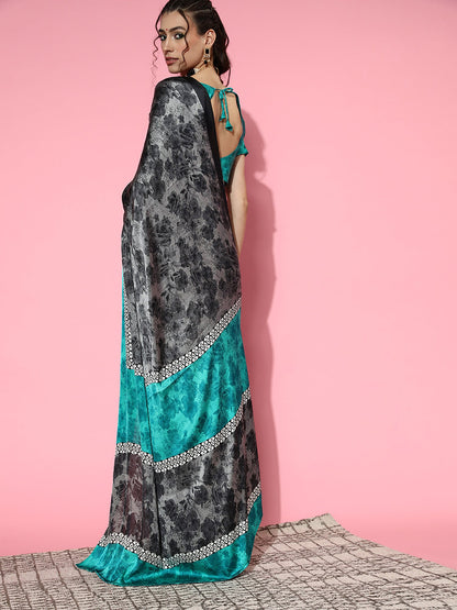 Women's Crepe Grey Printed Celebrity Saree With Blouse Piece