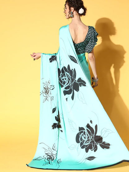 Women's Crepe Sea Green Printed Celebrity Saree With Blouse Piece