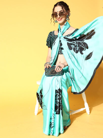 Women's Crepe Sea Green Printed Celebrity Saree With Blouse Piece