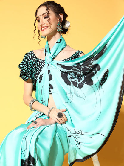 Women's Crepe Sea Green Printed Celebrity Saree With Blouse Piece