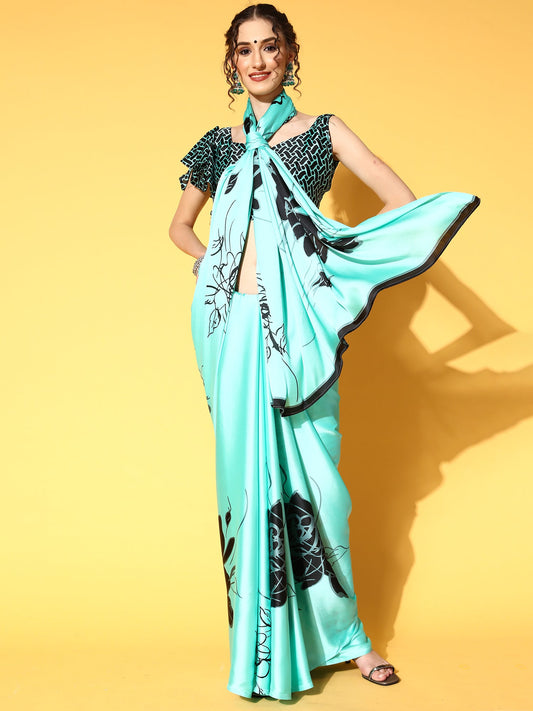 Women's Crepe Sea Green Printed Celebrity Saree With Blouse Piece
