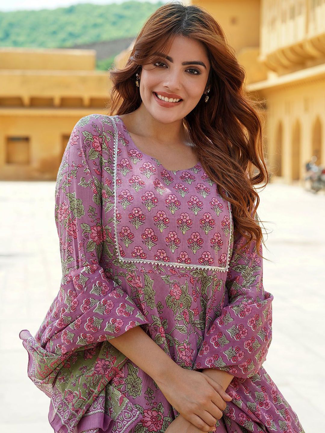 Dhiyona KL Floral Printed Gotta Patti Pure Cotton Anarkali Kurta With Trousers & Dupatta