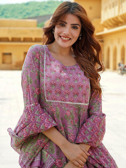 Dhiyona KL Floral Printed Gotta Patti Pure Cotton Anarkali Kurta With Trousers & Dupatta
