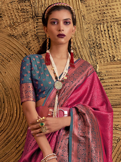 Women's Silk Blend Pink Woven Design Designer Saree With Blouse Piece