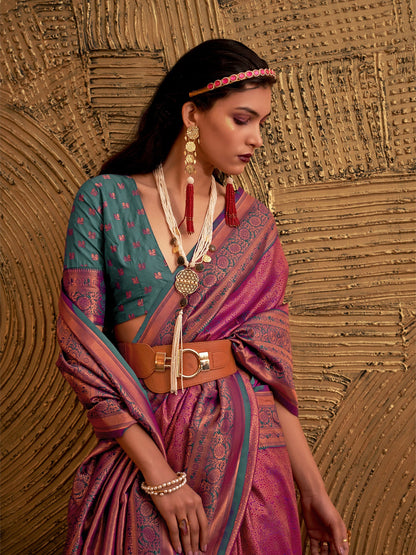 Women's Silk Blend Pink Woven Design Designer Saree With Blouse Piece