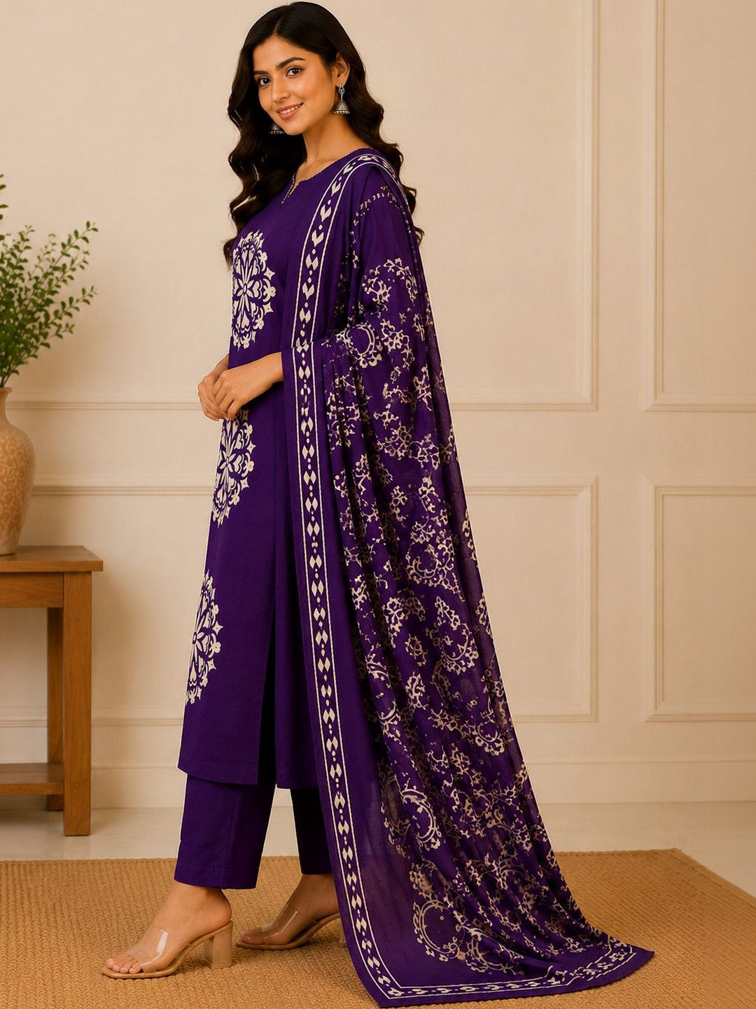 Women Ethnic Motifs Printed Regular Pure Cotton Kurta with Trousers & With Dupatta