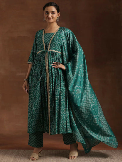 Women's LB Rama Green Printed Silk Blend A-Line Kurta With Trousers & Dupatta