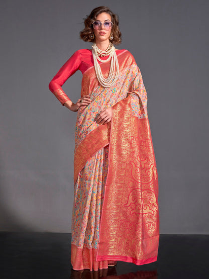 Women's Silk Blend Beige Woven Design Designer Saree With Blouse Piece