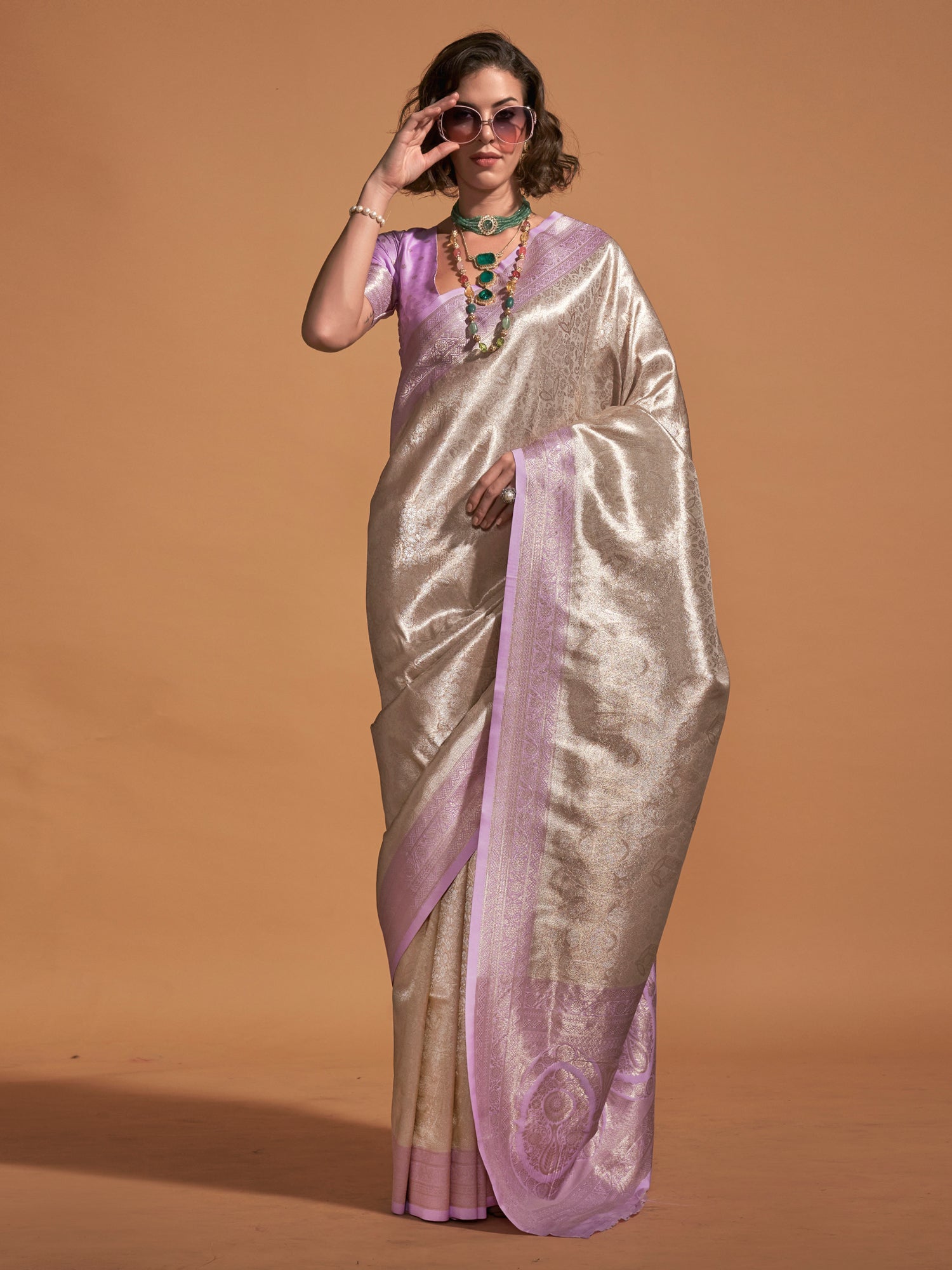 Women's Kanjeevaram Silk Cream Woven Design Designer Saree With Blouse Piece