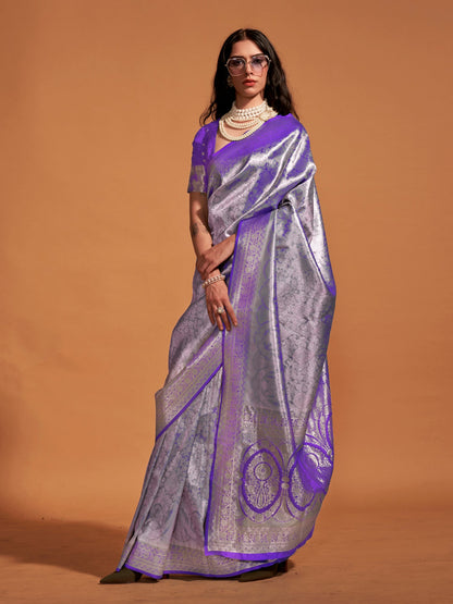 Women's Kanjeevaram Silk Purple Woven Design Designer Saree With Blouse Piece