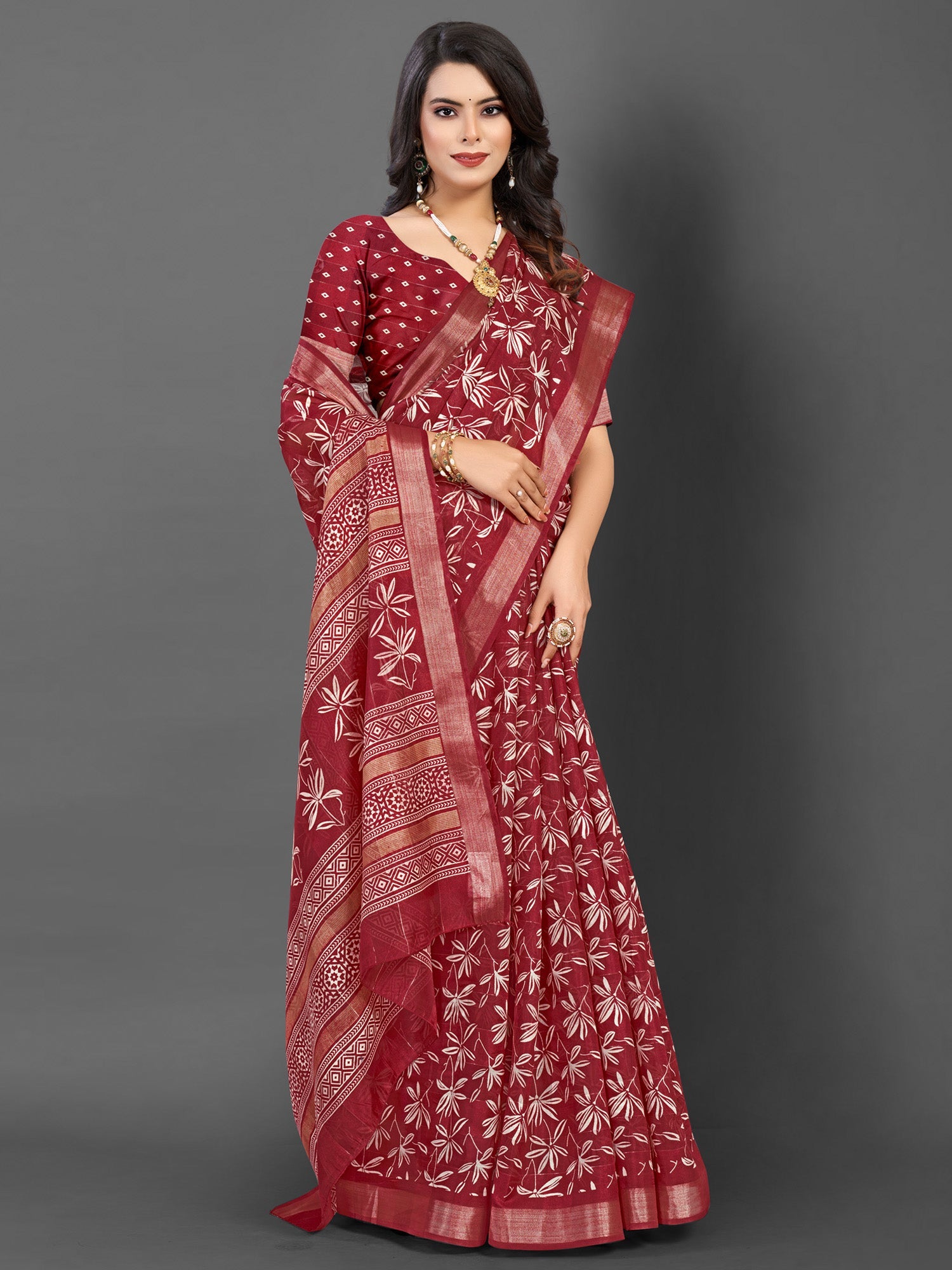 Women's Silk Blend Maroon Printed Designer Saree With Blouse Piece