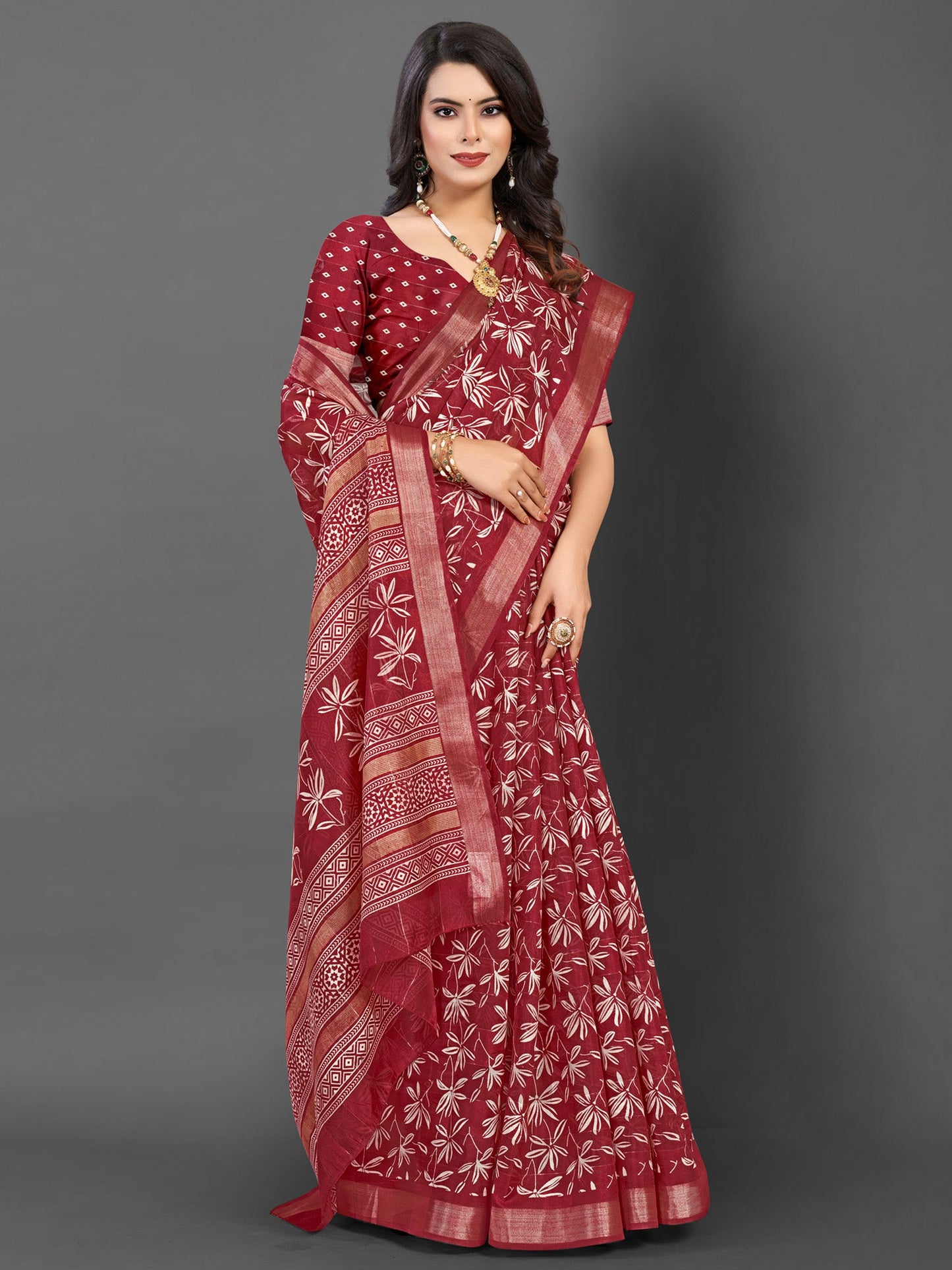 Women's Silk Blend Maroon Printed Designer Saree With Blouse Piece