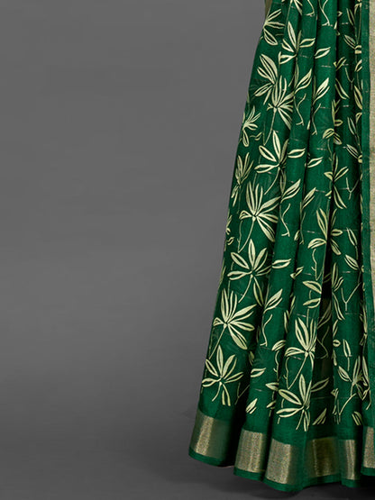 Women's Silk Blend Green Printed Designer Saree With Blouse Piece