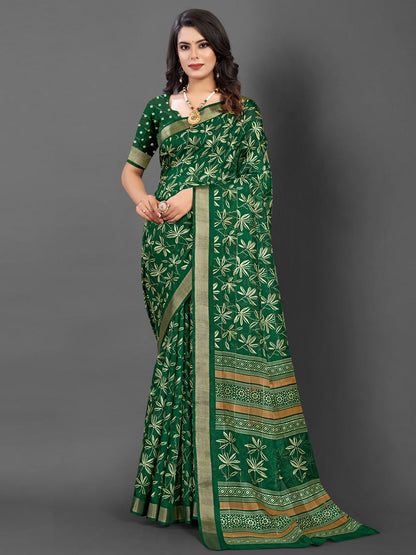 Women's Silk Blend Green Printed Designer Saree With Blouse Piece